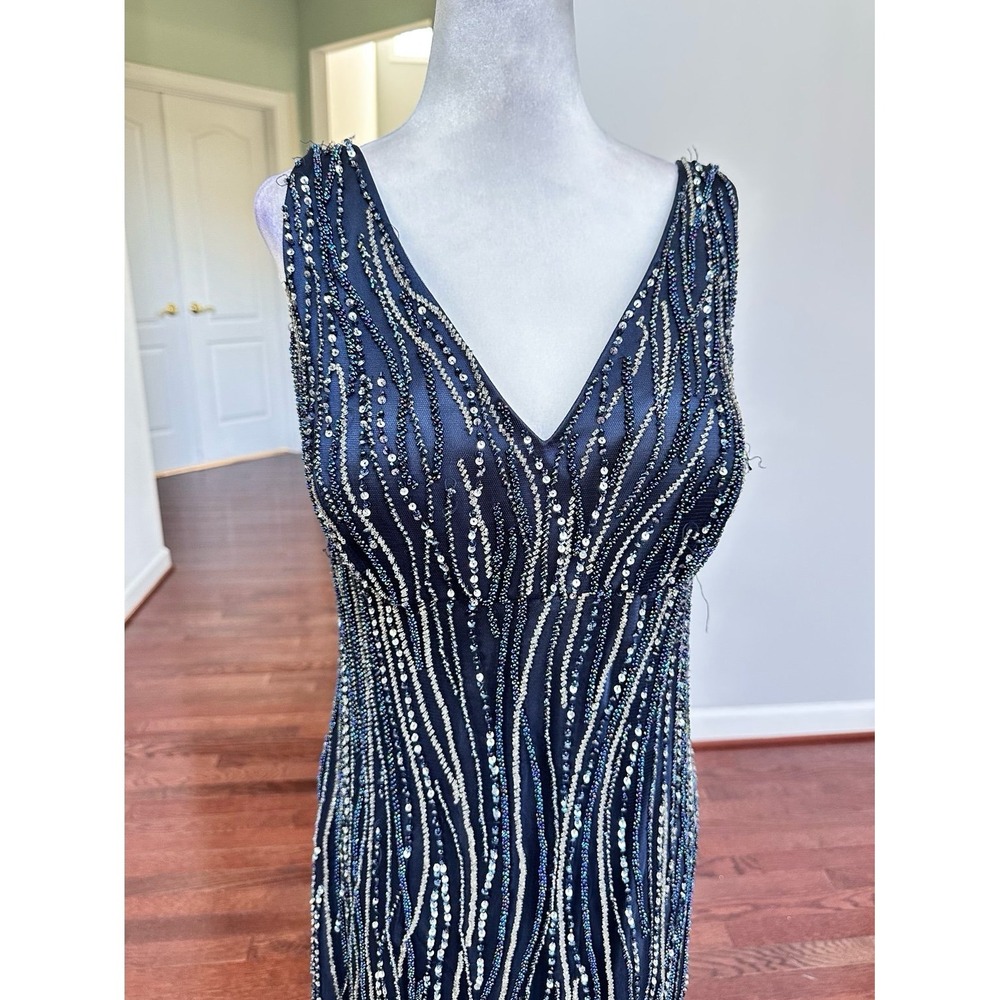 Luxury Pronovias Navy Blue Beaded Embellished Plunge Open Low Back Gown Dress - Picture 6 of 12